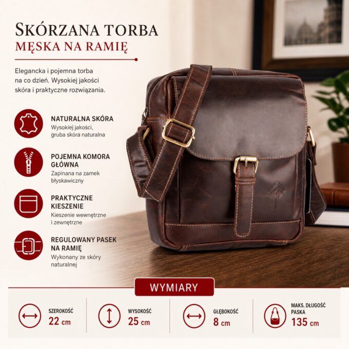 Brązowa skórzana torba męska na ramię, widok z przodu z klapką i paskiem