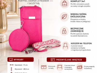 Duży, różowy, pionowy portfel damski z paskiem na ramię i małą saszetką - obrazek 8
