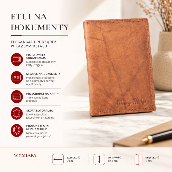 Zamknięte jasnobrązowe skórzane etui na dokumenty Money Maker, ujęcie z przodu, detal logo