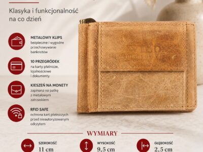 Jasnobeżowa skórzana banknotówka męska z klipsem i kieszenią na karty, przód