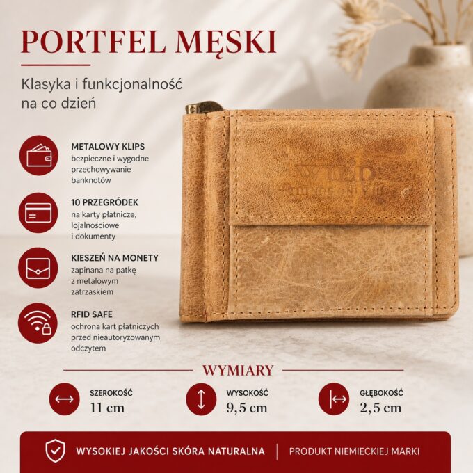 Jasnobeżowa skórzana banknotówka męska z klipsem i kieszenią na karty, przód