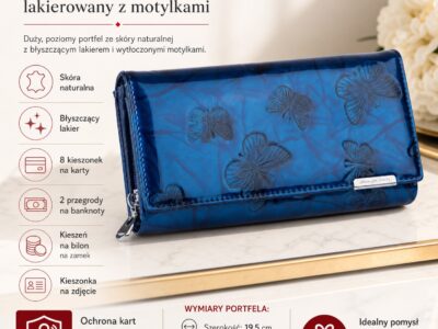 Niebieski lakierowany portfel damski z tłoczonym wzorem motylków, widok z przodu