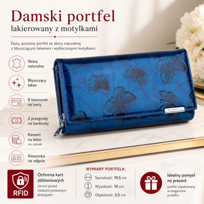 Niebieski lakierowany portfel damski z tłoczonym wzorem motylków, widok z przodu