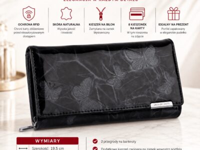 Czarny lakierowany portfel damski z tłoczonym wzorem motyli, widok z przodu zamknięty