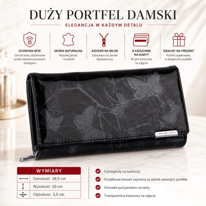Czarny lakierowany portfel damski z tłoczonym wzorem motyli, widok z przodu zamknięty