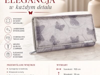 Zamknięty srebrny portfel lakierowany z tłoczonym wzorem motylków, ujęcie z przodu