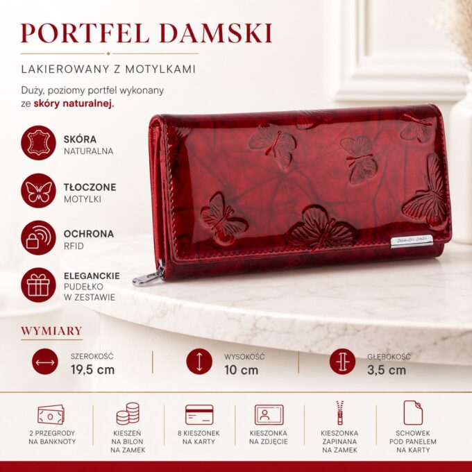 Czerwony lakierowany portfel damski z tłoczonymi motylkami, zamknięty, ujęcie z przodu