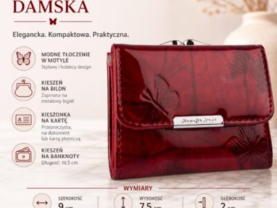 Czerwona lakierowana portmonetka z motylkami, widok z przodu, zamknięta na bigiel