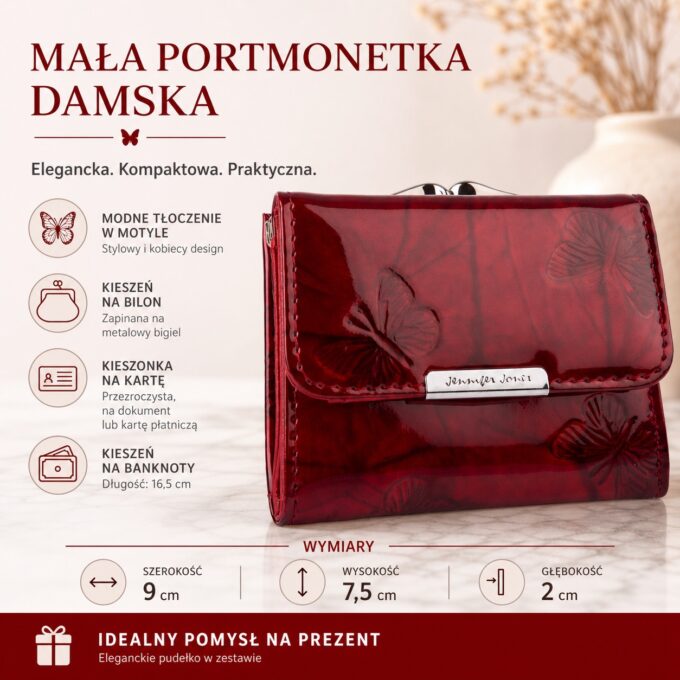 Czerwona lakierowana portmonetka z motylkami, widok z przodu, zamknięta na bigiel