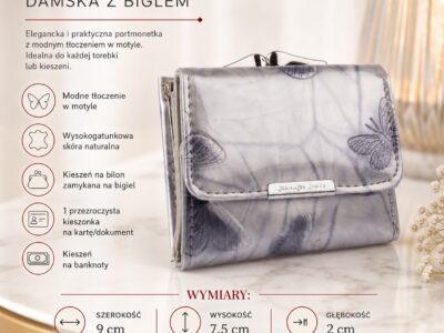 Zamknięta srebrna portmonetka damska z biglem, tłoczona w motylki, na przód