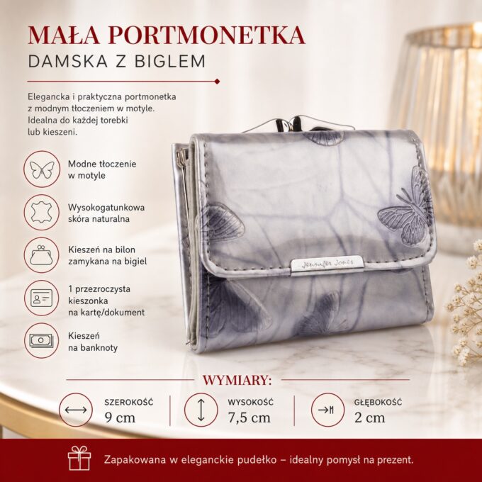 Zamknięta srebrna portmonetka damska z biglem, tłoczona w motylki, na przód