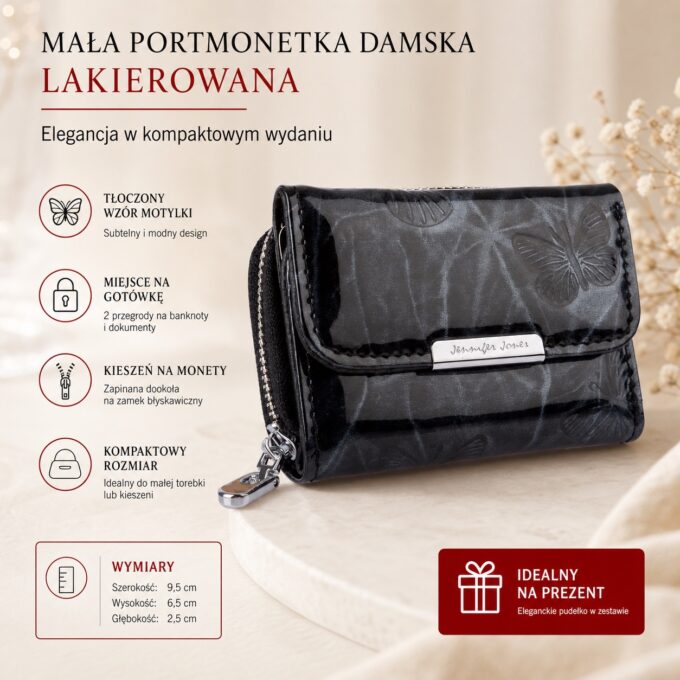 Czarna lakierowana portmonetka damska z motylkami, widok z przodu