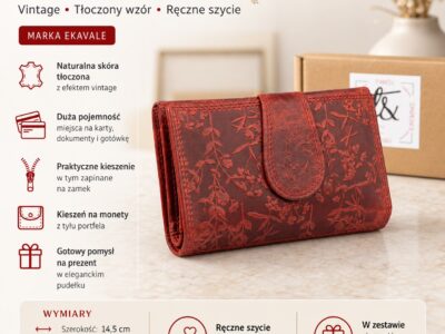 Czerwony portfel damski ze skóry naturalnej tłoczonej w motyw kwiatowy z gałązkami - obrazek 10