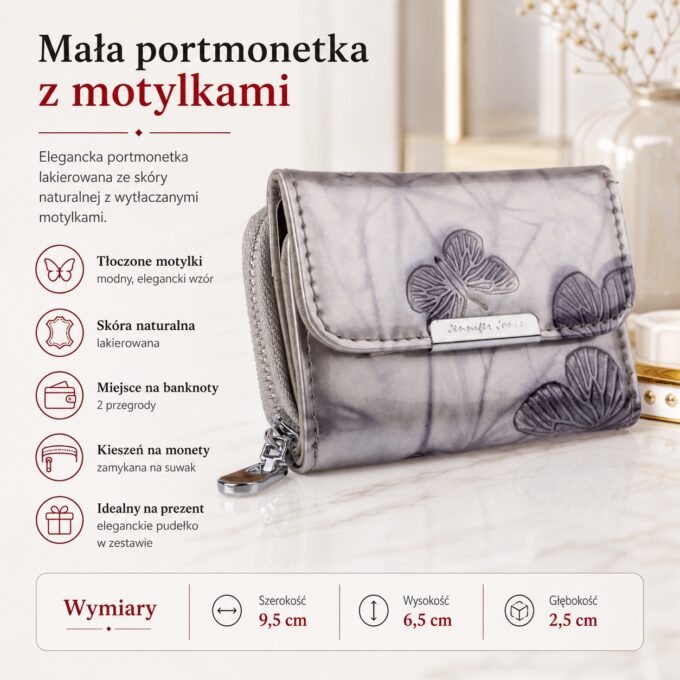 Zamknięta srebrna portmonetka z motylkami, ujęcie z przodu