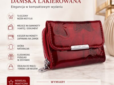 Czerwona lakierowana portmonetka damska z tłoczonym wzorem motyli, zamknięta z przodu
