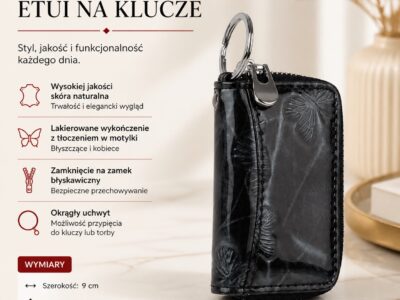 Czarne lakierowane etui na klucze z tłoczeniem motylków, widok z przodu z uchwytem