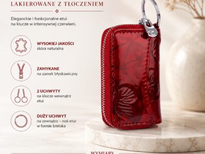 Czerwone lakierowane etui na klucze z tłoczonym motylkiem, z karabińczykiem