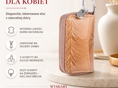 Beżowe lakierowane etui na klucze z wzorem piórek, z przodu z uchwytem