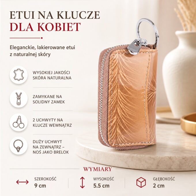 Beżowe lakierowane etui na klucze z wzorem piórek, z przodu z uchwytem
