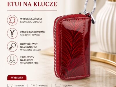 Etui na klucze damskie czerwone lakierowane z wzorem w piórka Jennifer Jones - obrazek 5