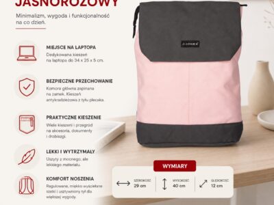 Przód jasnoróżowego plecaka miejskiego z czarną klapką i kieszenią na laptopa J Jones