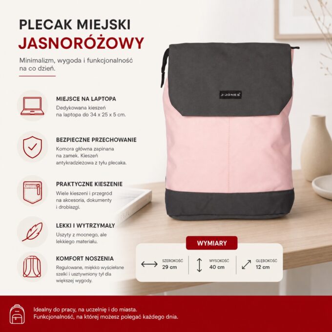 Przód jasnoróżowego plecaka miejskiego z czarną klapką i kieszenią na laptopa J Jones