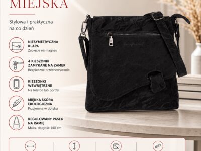 Czarna listonoszka damska z gniecionej skóry ekologicznej, przód z klapą i kieszenią