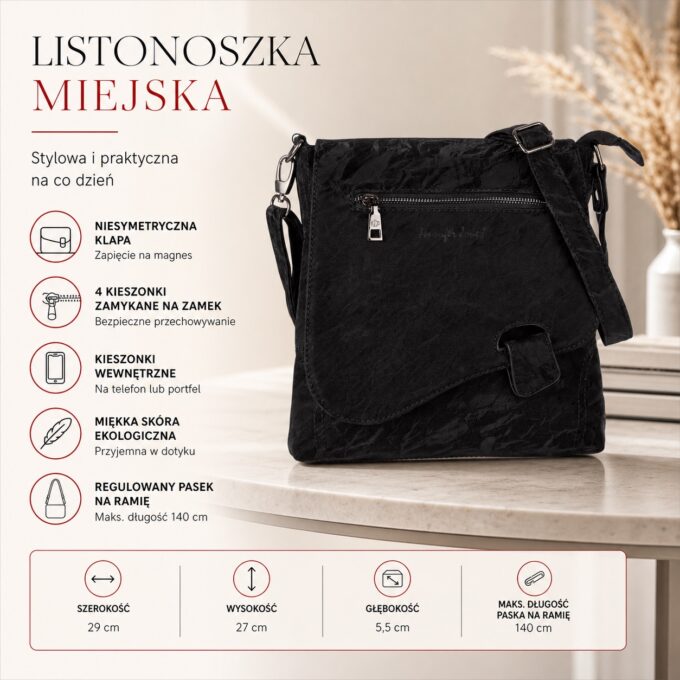 Czarna listonoszka damska z gniecionej skóry ekologicznej, przód z klapą i kieszenią
