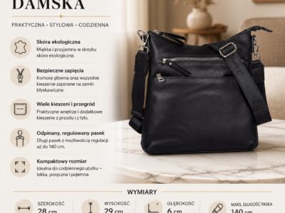 Czarna średnia listonoszka damska na ramię z miękkiej skóry ekologicznej jennifer Jones - obrazek 9