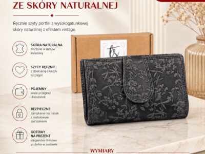 Czarny portfel damski ze skóry naturalnej tłoczonej w motyw kwiatowy z gałązkami - obrazek 10