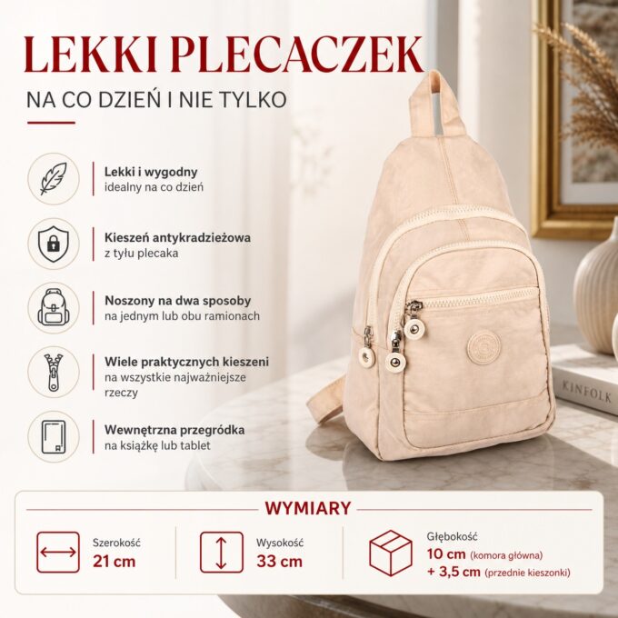 Jasnobeżowy plecaczek Bag Street z przodu, z kieszeniami i detalami zamków