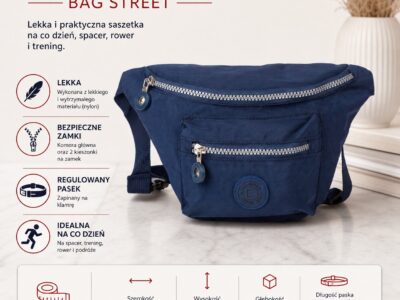 Granatowa saszetka biodrowa Bag Street z przodu, z kieszeniami na zamek i paskiem