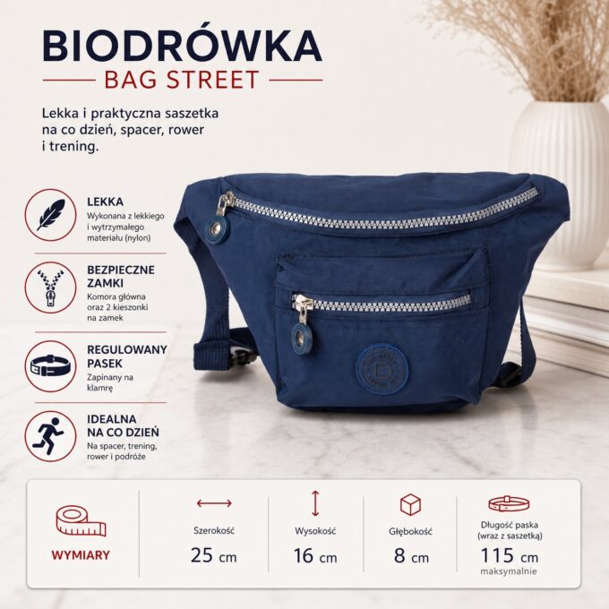 Granatowa saszetka biodrowa Bag Street z przodu, z kieszeniami na zamek i paskiem