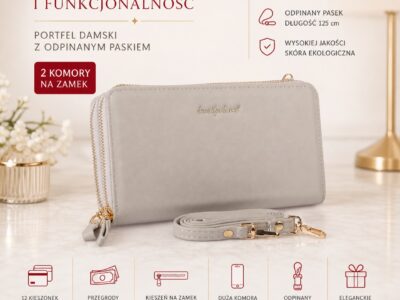 Szary portfel Jennifer Jones z ekoskóry, z przodu z odpinanym paskiem i złotym suwakiem