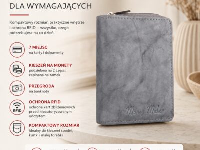 Szary mały portfel damski ze skóry naturalnej, ujęcie z przodu, zamknięty