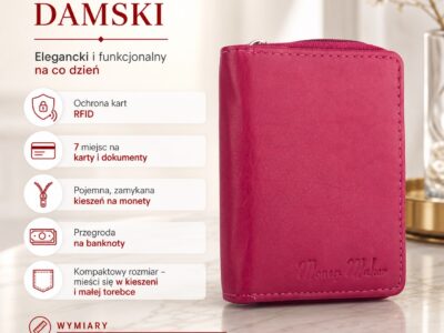 Różowy portfel damski ze skóry naturalnej, ujęcie z przodu, zamknięty