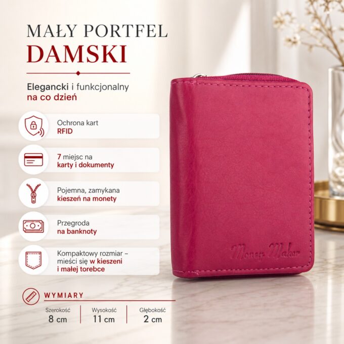 Różowy portfel damski ze skóry naturalnej, ujęcie z przodu, zamknięty