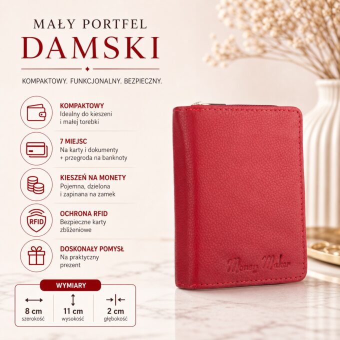 Czerwony skórzany portfel damski Money Maker, widok z przodu, zamknięty