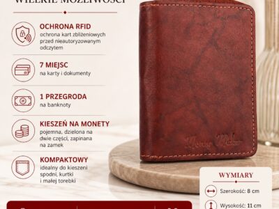 Ciemnobrązowy skórzany portfel damski z przodu, zamknięty, z detalem szycia