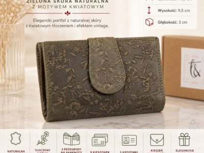 Zielony portfel damski ze skóry naturalnej tłoczonej w motyw kwiatowy z gałązkami - obrazek 11
