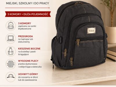 3-komorowy materiałowy plecak szary z canvasu w stylu vintage ORMI - obrazek 8