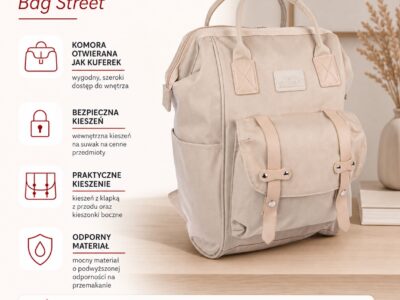 Pojemny materiałowy plecak damski jasnobeżowy miejski na uczelnię Bag Street - obrazek 10