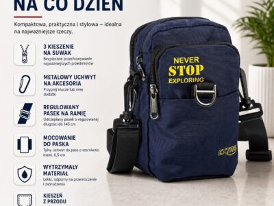 Saszetka męska na co dzień z paskiem na ramię i mocowaniem do paska niebieska - obrazek 5