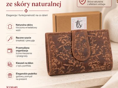 Ciemnobrązowy portfel damski ze skóry naturalnej tłoczonej w motyw kwiatowy z gałązkami - obrazek 11