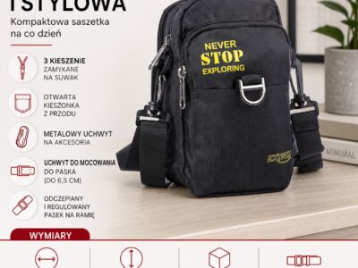 Saszetka męska na co dzień z paskiem na ramię i mocowaniem do paska czarna - obrazek 5