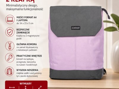 Fiołkowo fioletowy plecak miejski z klapką i miejscem na laptopa - obrazek 9