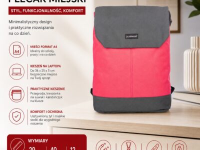 Miejski plecak z klapką mieszczący A4 z miejscem na laptopa różowy - obrazek 10