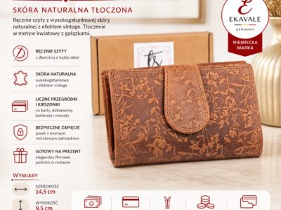 Jasnobrązowy portfel damski ze skóry naturalnej tłoczonej w motyw kwiatowy z gałązkami - obrazek 10