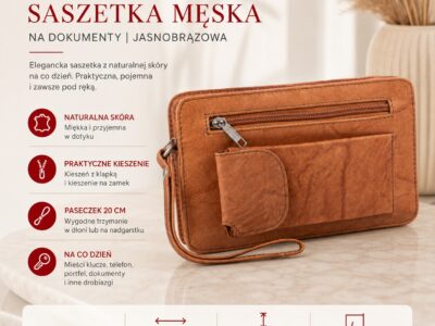 Skórzana saszetka męska do ręki jasnobrązowa Bag Street - obrazek 7