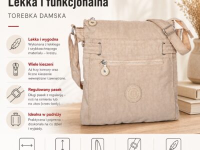 Lekka materiałowa torebka na ramię z wieloma przegródkami jasny beż Bag Street - obrazek 9